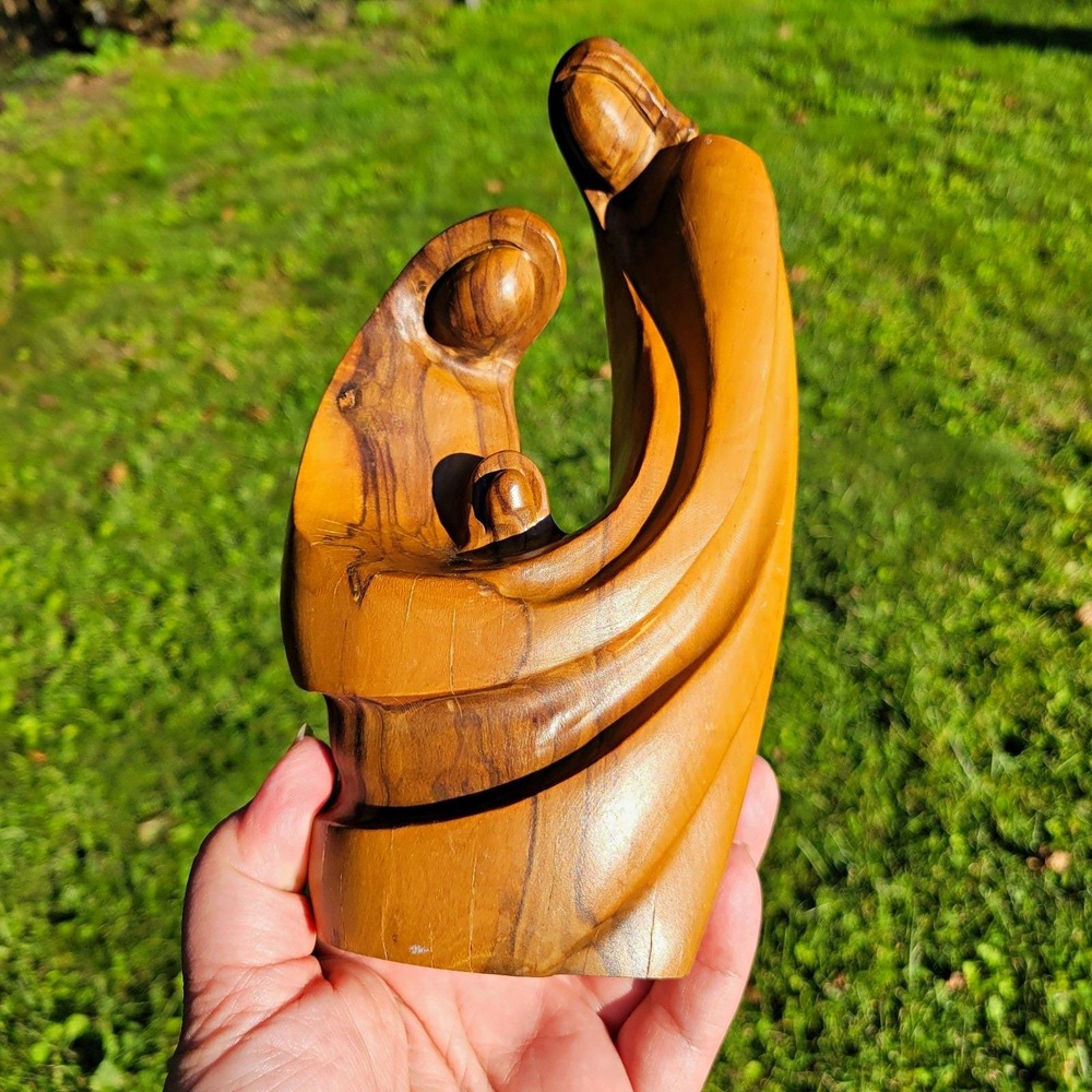 Vintage Olive Wood Hand Carved Holy Family From Jerusalem Minimalist 8in
